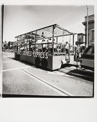 Saucy Squares Express float in Apple Blossom Parade, Sebastopol, California, 1978