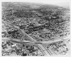 Aerial view of Highway 101 and Highway 12 interchange looking northeast, Santa Rosa, California, 1967