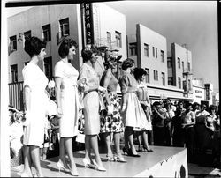 Miss Sonoma County contestants on Fourth Street for a fashion show, Santa Rosa, California, July 4, 1961