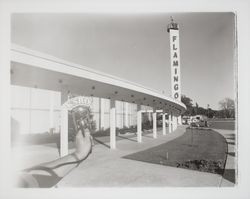 KSRO microphone outside the Flamingo Hotel, Santa Rosa, California, 1958