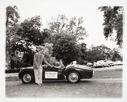 Sandra Duden in a sports car furnished by Jansen Motors, Santa Rosa, California, 1958