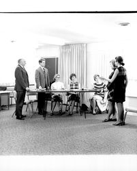 Miss Sonoma County candidates being interviewed by a panel, Santa Rosa, California, 1969