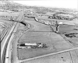 Aerial view looking south along Highway 101 at the Mendocino Avenue over pass, Santa Rosa, California, March 1, 1965