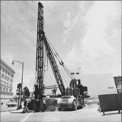 Pile driver at work during construction of the Exchange Bank building, 545 Fourth Street, Santa Rosa, California, 1971