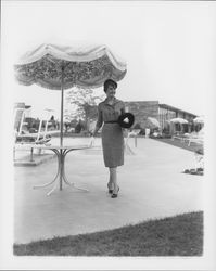 Christy Ratto wearing a knit shirtmaker in black and white tweed in the Dramatic Moods of Autumn Fashion Show, Santa Rosa, California, 1959