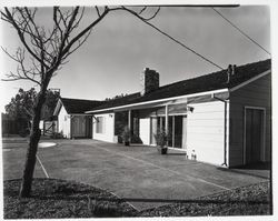 Backyard and pool of a Lewis Meyers built home, Santa Rosa, California, 1960