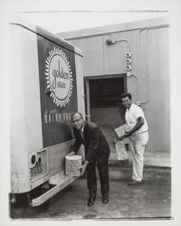 Unloading ice cream from a Golden State Dairy truck, Santa Rosa, California, 1958