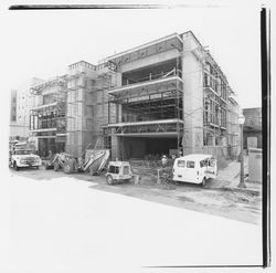 Scaffolding and construction equipment on the site of the new Exchange Bank building, 545 Fourth Street, Santa Rosa, California, 1971