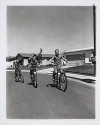 Boys riding bicycles on a street in Rohnert Park, Rohnert Park, California, 1961