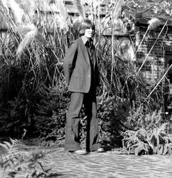 Young man modeling suit from Mattei Brothers at Luther Burbank Home and Gardens, Santa Rosa, California, October 26 or 27, 1976