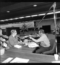 Harold Trebbe and Shamus O'Grady at grand opening of Bank of Sonoma County, Santa Rosa, California, September 27, 1968