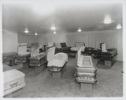 Caskets displayed at Welti Chapel of the Roses, Santa Rosa, California, 1957