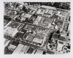 Aerial view of Fourth St. in downtown Santa Rosa, California, from Rosenberg Dept. Store to Hinton Ave, looking south to First Street, Santa Rosa, California, 1962