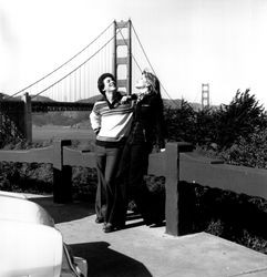 Mattei Brothers men's and women's fashions modeled near the Golden Gate Bridge