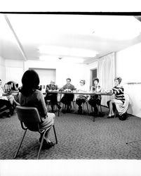 Miss Sonoma County candidates being interviewed by a panel, Santa Rosa, California, 1969