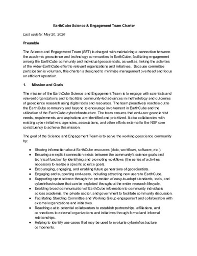 EarthCube Science & Engagement Team Charter (May 20, 2020)