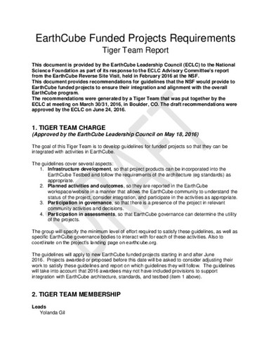 EarthCube Funded Project Requirements: Tiger Team Report