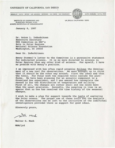 Walter Munk and Henry Stommel correspondence, 1987