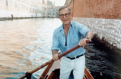 Walter Munk rowing a gondola in Venice, Italy