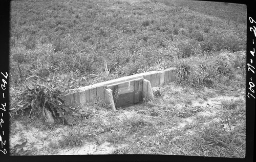 Single wall field gate with apron. Opening 2' wide. Used on alfalfa strips on side-hill terraces, University Farm, Davis. View of closed gate