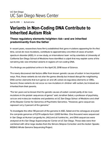 Variants in Non-Coding DNA Contribute to Inherited Autism Risk