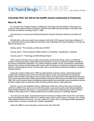Alexander Rich will deliver the twelfth annual Lectureship in Chemistry
