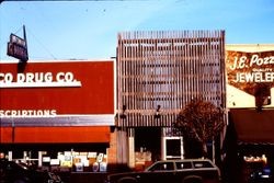 Medico Drug store on North Main Street and J.E. Pozzi Jewelers in downtown Sebastopol, California, 1977