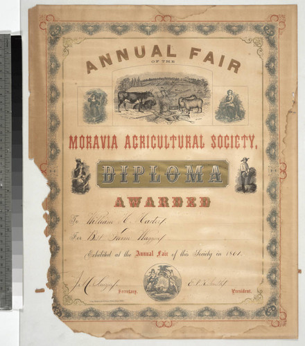 Annual Fair of the Moravia Agricultural Society. Diploma