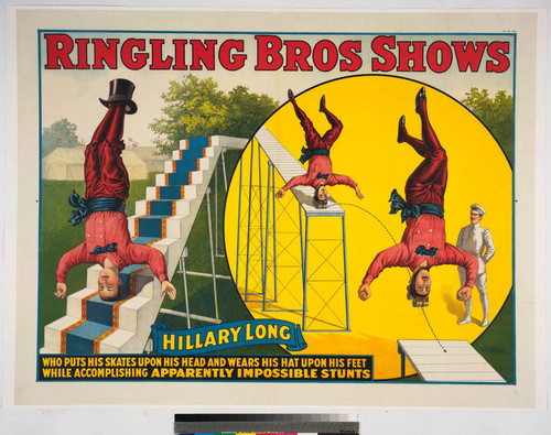 Ringling Bros shows : Hillary Long who puts his skates upon his head and wears his hat upon his feet while accomplishing apparently impossible stunts