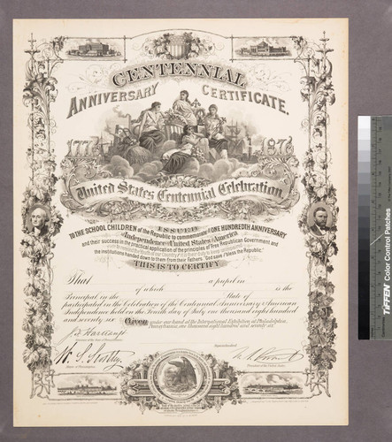 Centennial anniversary certificate. United States centennial celebration