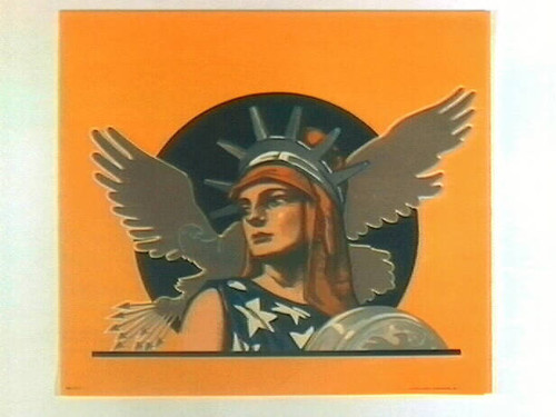 Stock label: woman wearing American flag with Statue of Liberty crown