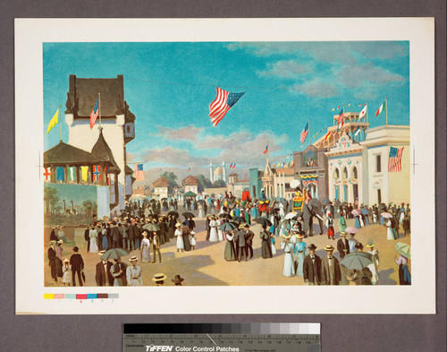 [View of crowds amidst exhibition buildings and exhibits]