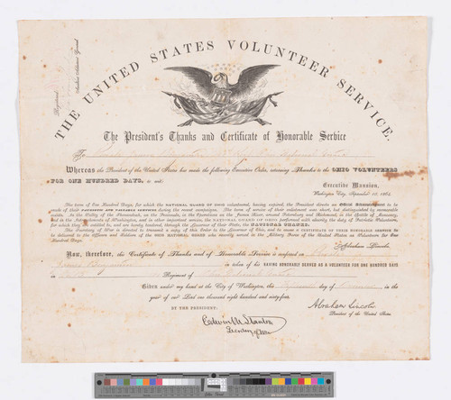 United States volunteer service. The president's thanks and certificate of honorable service