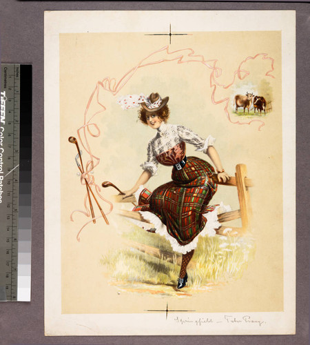 [Woman in tartan skirt climbing over fence with golf club]