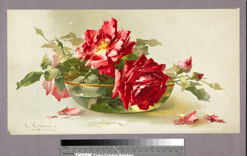 [Red roses in glass bowl]