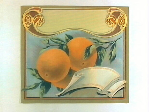 Stock label: oranges with ribbon and art deco text plates