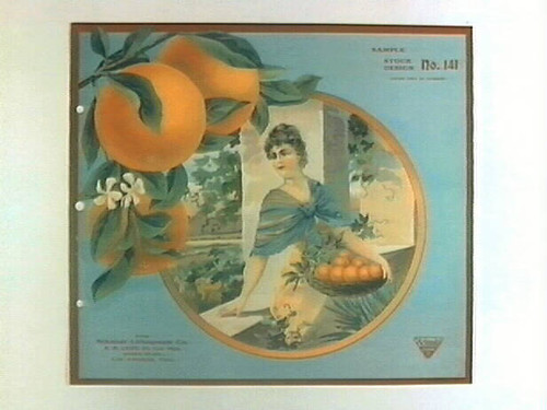 Stock label: woman on balcony holding basket of oranges overlooking groves