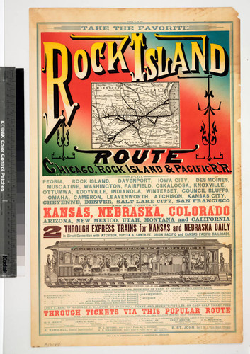 Take the favorite Rock Island route Chicago, Rock Island & Pacific R.R. : For Peoria, Rock Island, Davenport, Iowa City, Des Moines