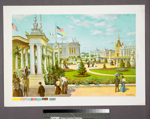 [View of exhibition buildings and gardens]