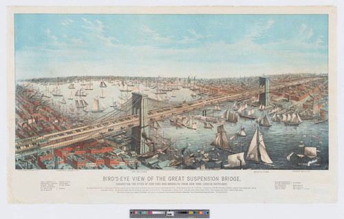 Bird’s-eye view of the great suspension bridge, connecting the cities of New York and Brooklyn - from New York looking south-east