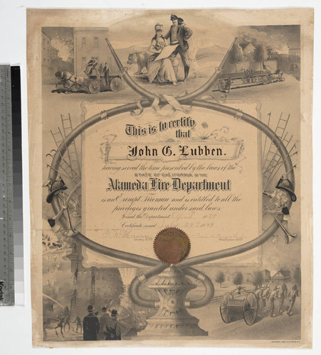 This is to certify that John G. Lubben. having served the time prescribed by the laws of the State of California in the Alameda Fire Department