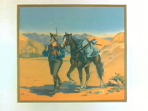 Stock label: prospector with mining tools and horse