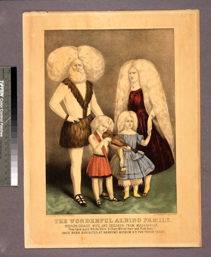 The wonderful albino family. : Rudolph Lucasie, wife and children, from Madagascar. They have pure white skin, silken white hair and pink eyes !! Have been exhibited at Barnum’s Museum N.Y. for three years