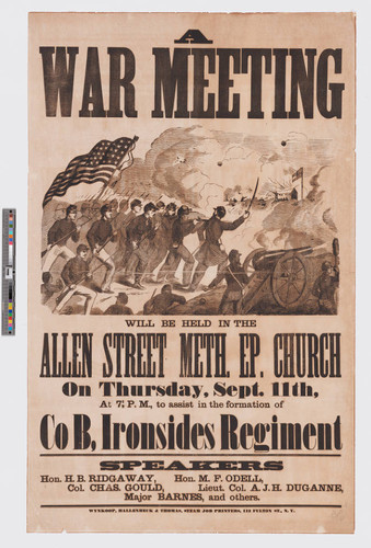 A war meeting will be held in the Allen Street Methodist Episcopal Church on Thursday, September 11th, at 7½ P.M., to assist in the formation of Co B, Ironsides Regiment