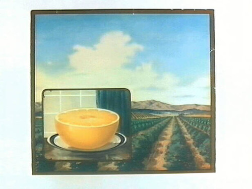 Stock label: grapefruit half on plate with orchard and mountains