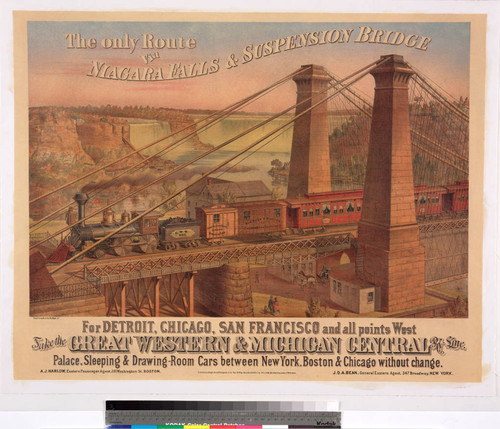 The only route via Niagara Falls & suspension bridge: for Detroit, Chicago, San Francisco and all points west take the Great Western & Michigan Central R'y Line