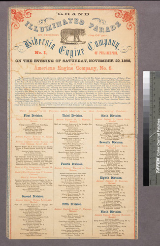 Grand illuminated parade in honor of Hibernia Engine Company, No. 1, of Philadelphia, on the evening of Saturday, November 20, 1858, by Americus Engine Company, No. 6