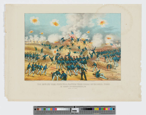 The 109th New York State vols. planting their colors on the rebel works in front of Petersburg, VA. April 2nd 1865