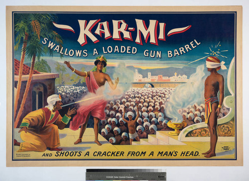 Kar-mi : swallows a loaded gun barrel : and shoots a cracker from a man's head