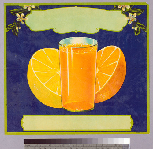 Stock label: orange and grapefruit halves with glass of juice